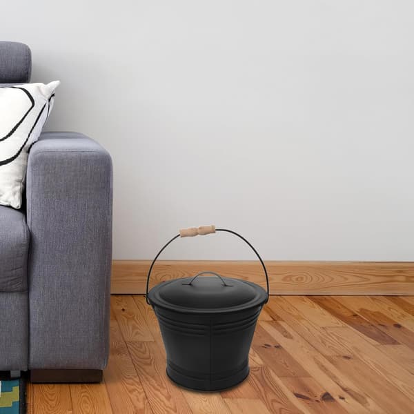 Black Ash Bucket with Lid and Wooden Handle for Coal-Fired Appliances and Fireplace