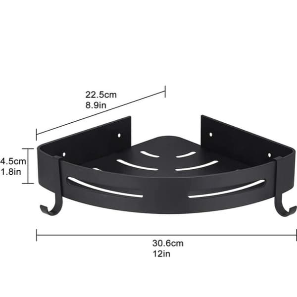 Duschhjørnehylde, uden boring, flyaluminium med 2 kroge, rustfrit stålholder, selvklæbende til badeværelsesartikler, 2 dele (sort)