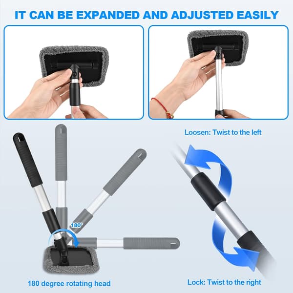 Car Window Cleaner, 180° Rotatable Windshield Brush with Long Extendable Handle and 6 Washable Pads compatible with Interior Exterior Window Cleaning