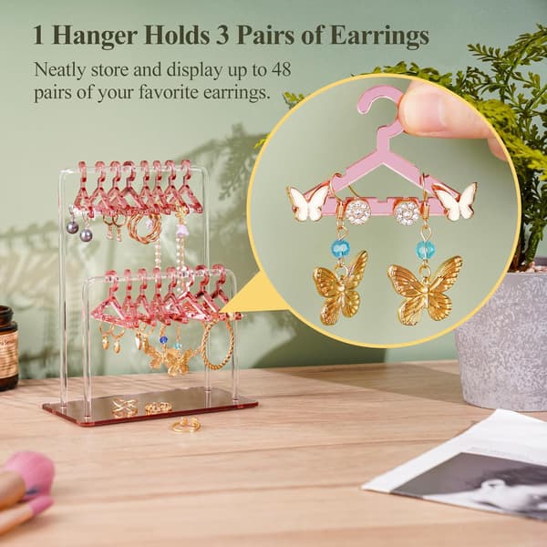 Acrylic Earring Holder with Unique Double Tier Design, Cute Miniature Clothes Rack with Ample Storage for 48 Pairs