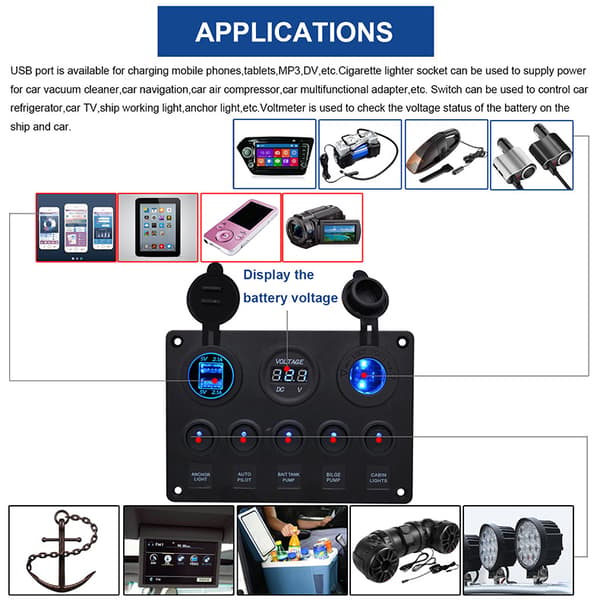 5-vejs multifunktionel vippekontakt grøn baggrundsbelyst dobbelt USB-oplader + digital voltmeter + 12V stik forudkablet kontaktpanel