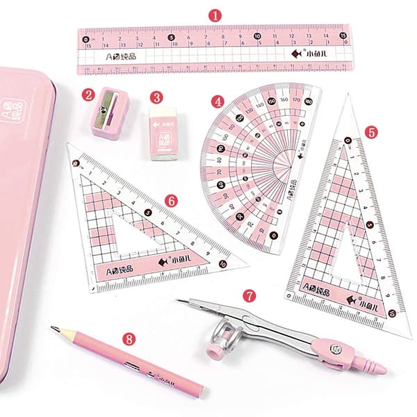 Mathematics Set, 8-piece Geometric Set, Durable Metal Outer Box Set, Protractor and Compass Set with Ruler Protractor Eraser (Pink)