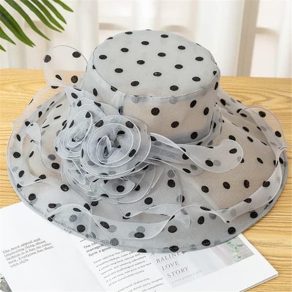 Kvinders bredskyggede prikkede mesh blonde derby kirkehat foldbar bryllup teselskab solhat med sløjfe Vin Wine