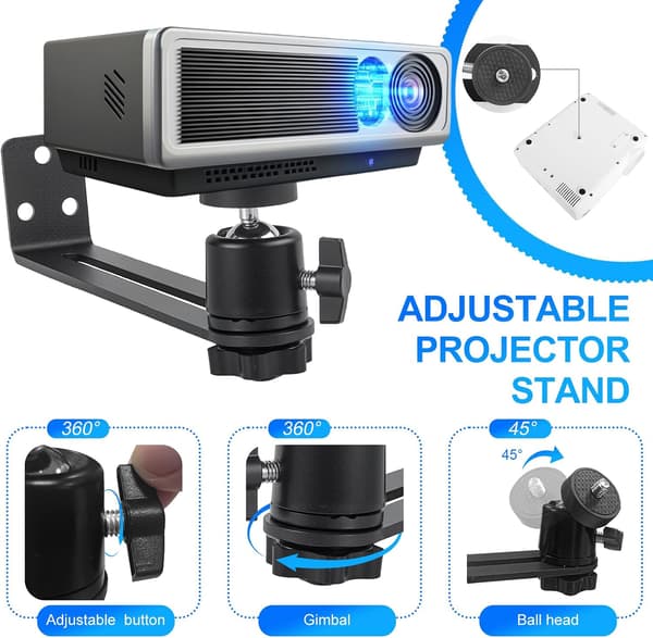 Wall Mounted Projector Mount, 360° Rotatable Projector Bracket, 1/4 Inch Screw, Metal Projector Mount, Black
