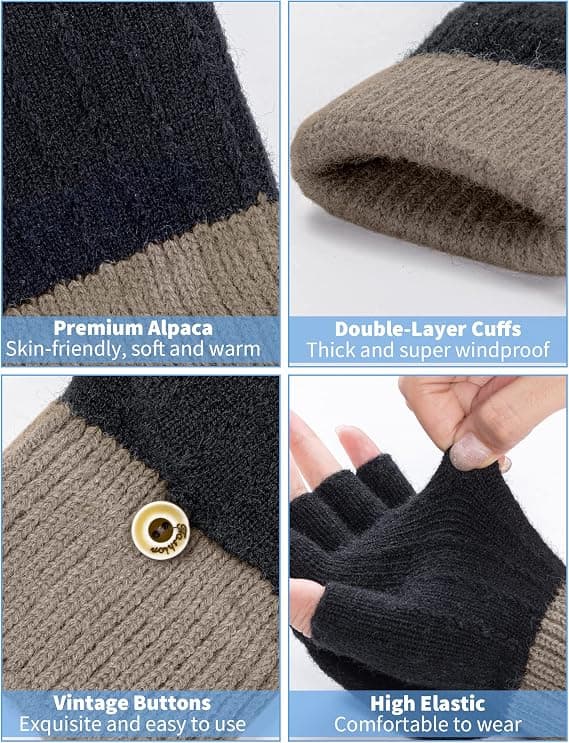 Fingerløse handsker, vinterhalvfingerhandsker med flip-top strikkede termiske handsker til mænd og kvinder