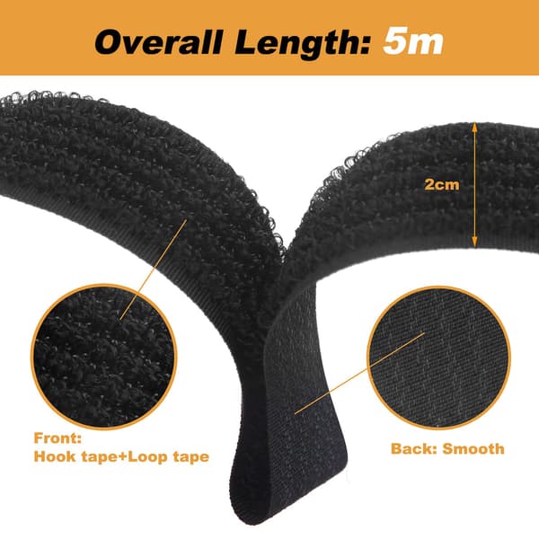 5 m sorte justerbare genanvendelige kabelbindere/stropper med 25 øjer og velcro til kabelstyring (5 m x 2 cm, sort)
