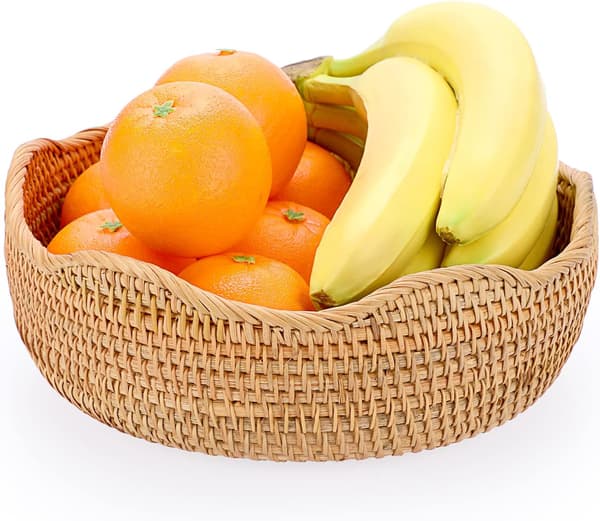 Rattan Storage Basket Woven Fruit Basket Round 28cm Bread Serving Basket Snacks Egg Storage Baskets Dining Table, Desk Countertop