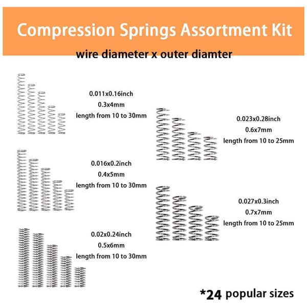 Stainless Steel Compression Spring, Small Spring, 24 Sizes of Compression Springs, 6 Different Elasticities