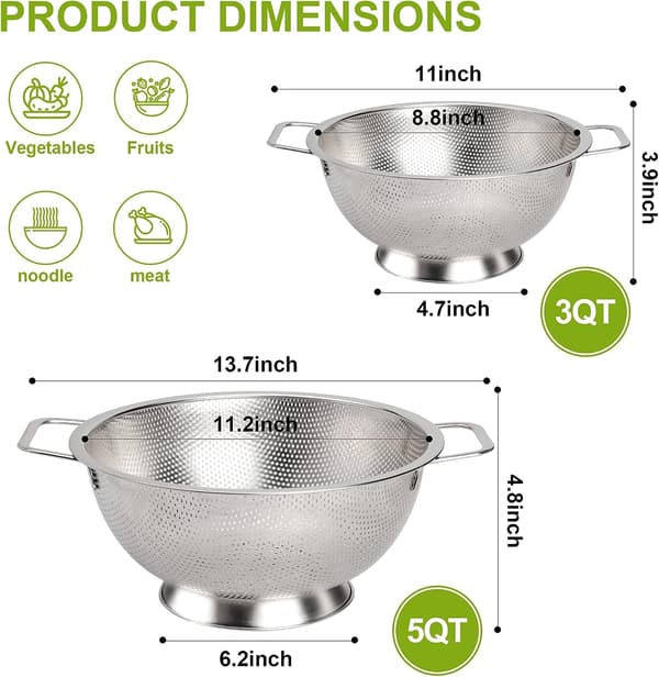 Stainless Steel Colander 3-Quart, Strainer for Kitchen Food, Dishwasher Safe (28.5 cm)