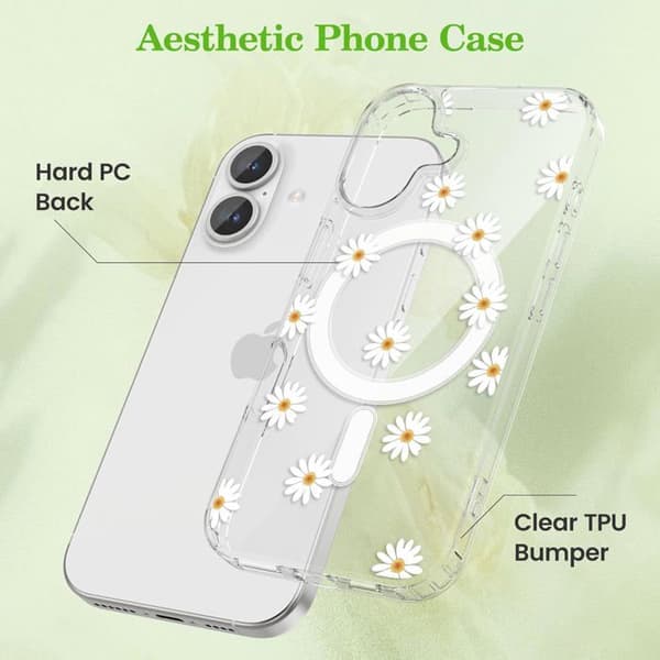 Transparent Magnetic iPhone 16 Case - Daisy Flower Design - Compatible with MagSafe Wireless Charging - Shockproof Protection