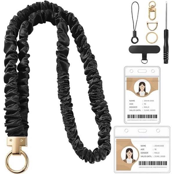 Scrunchie-nøglesnor til ID-kort, udtrækkelig elastisk hårbåndsnøglering med gennemsigtig ID-holder, sød mode-lanyard til kvinder sort Black