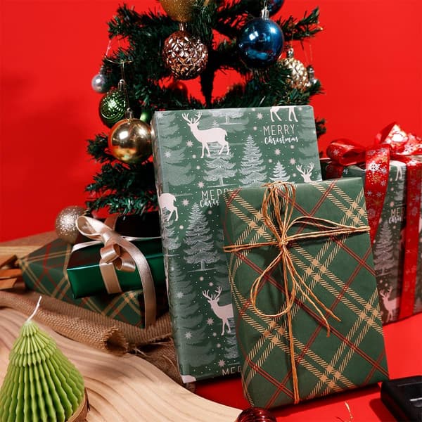 Presentpapper Stor Rulle 43cmx3m Grönt Presentpapper 3 Rullar Kraft Julpresentpapper Tryckt med Älg och Julgran Retro