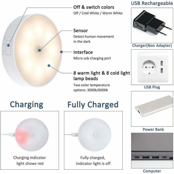 Indoor LED Night Light with Motion Sensor, USB Rechargeable, 1W, 3-Mode Automatic LED Lighting for Kitchen, Bedroom, Hallway