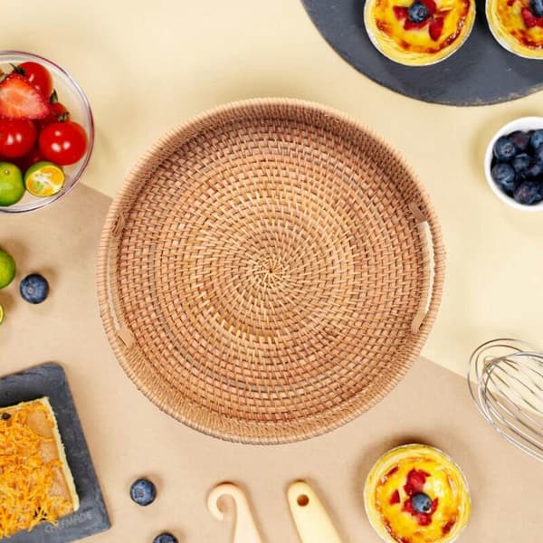 Round Woven Rattan Serving Tray with Handles - Tray for Lunch, Snacks for Coffee Table, Home Decoration