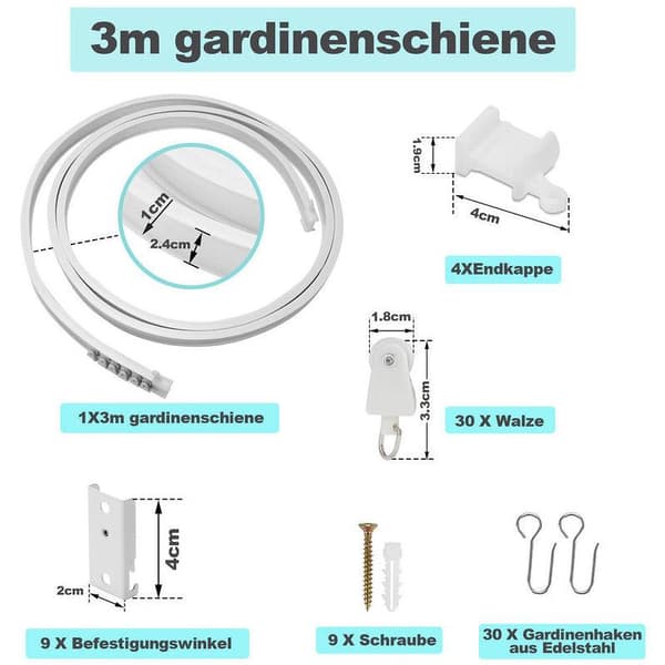 Gardinskinne Rett eller Fleksibel Bøyelig Toppmontering 3 meter