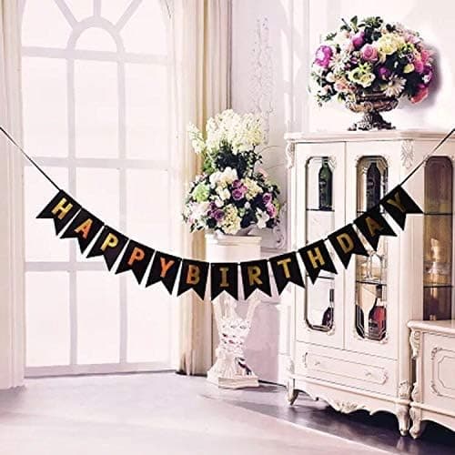 Sort HAPPY BIRTHDAY-banner med 5 stk. guldkonfettiballoner