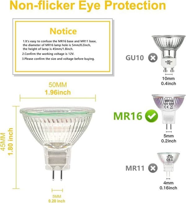MR16 Spotlight, 12V 50W Bulb, GU5.3 Bulb MR16 Dimmable Bulb, 2700K Warm White Halogen Bulbs, 6-pack