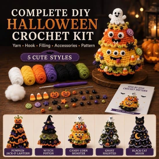 DIY Halloween-træ hæklekit - Inkluderer dekorationer formet som spøgelse, græskar, heks og candy corn - Legende efterårs-håndarbejdssæt