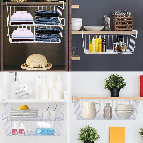 Under Shelf Storage Basket, Hanging Metal Wire Storage Basket Under Cabinet, Fits Double Hooks for Kitchen, Pantry, Desk, Bookshelf, Cabinet