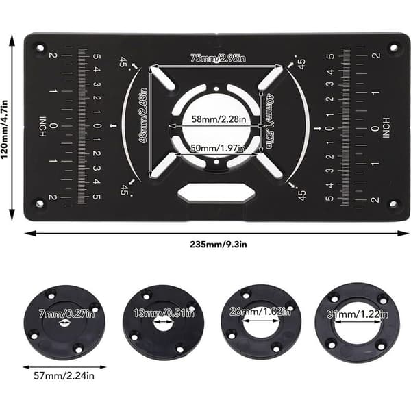 Router Table Insert Plate, Aluminum Router Table Insert Plate with 4 Insert Rings and Mounting Screws for Woodworking Bench
