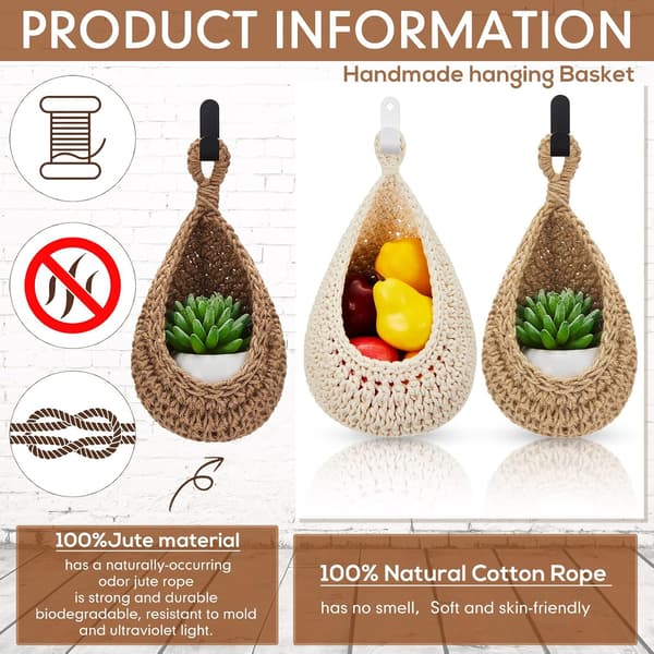 Hanging Wall Basket Teardrop Shaped Hanging Baskets Onion Basket Cape Bohemian Storage Fruit Wall Hooks for Kitchen 3 Sizes (Light Linen)