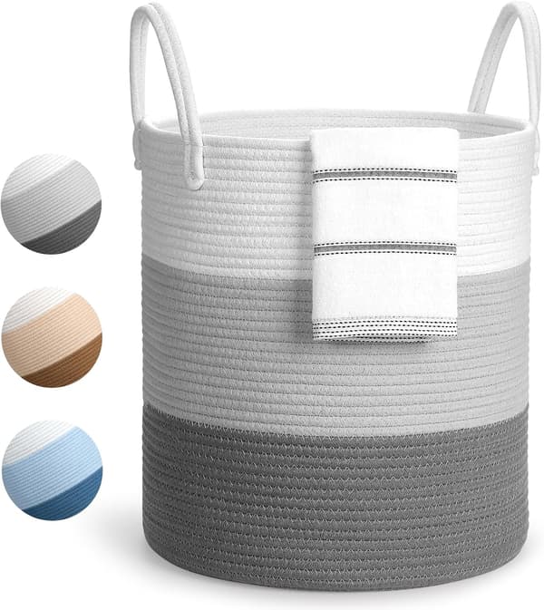 Large Laundry Basket, Foldable Laundry Hamper, Storage Basket with Handles, Cotton Rope Laundry Basket, Grey