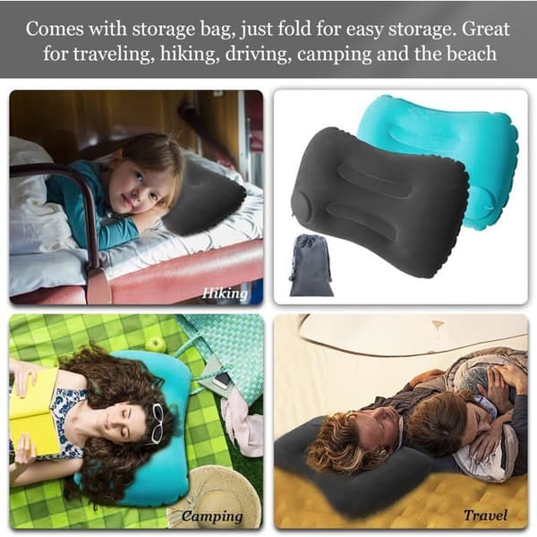 Two Inflatable Camping Pillows with Storage Bag, Ergonomically Designed for Outdoor Activities.