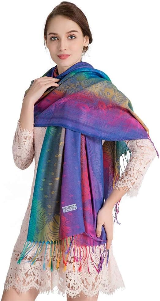 Farverig blomstret Jacquard-bomulds-pashmina damesjal med frynser