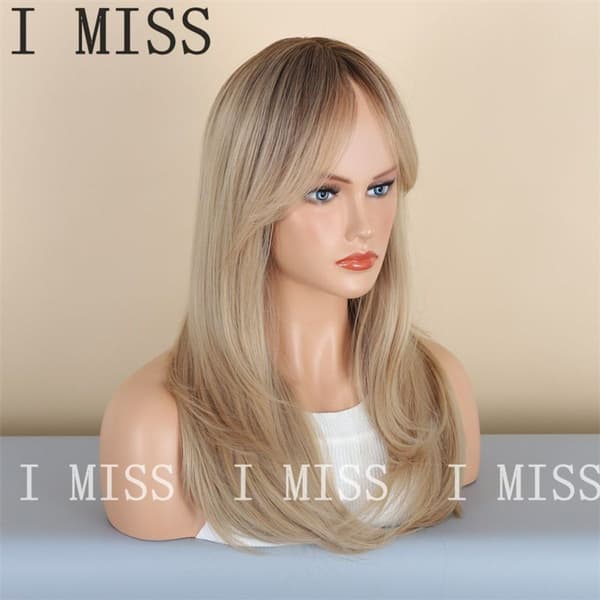 Natural Synthetic Wig with Golden Brown Gradient and Eight-Shaped Bangs