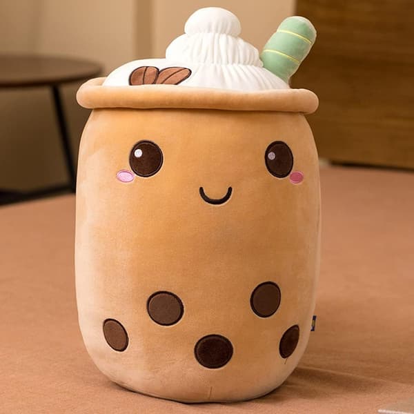 Bubble Tea Plush Pillow, Cute Milk Tea Cup Plush Bubble Tea Soft Toy with Strawberries, Bubble Tea Cup Plush Toy Stuffed Throw Pillow (Brown) brown