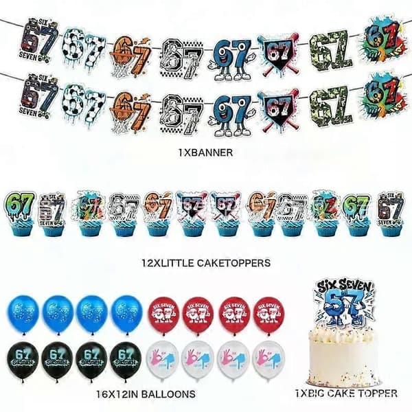 67 Tema Børnefødselsdagsfest Dekorationssæt Blå Banner Ballon Kagepynt Tilbehør[DB]