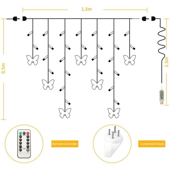 LED Butterfly String Lights USB Timer Waterproof Copper Wire 8 Modes with Remote Control for Bedroom Wedding Christmas KLB