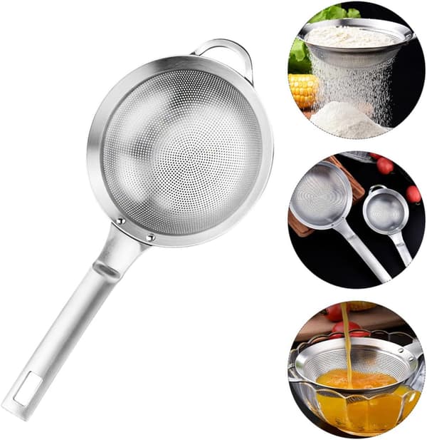 Soyamelk og juice finmasket silskje med langt ergonomisk håndtak og rustfritt stålmateriale