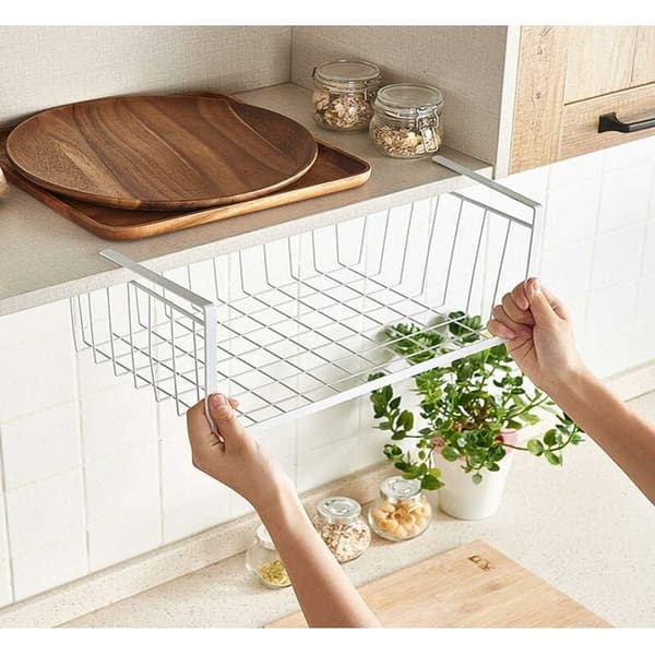 Hanging Basket, 2 Pcs Metal Under Shelf Storage Basket Stackable Shelf Baskets, Kitchen Storage Basket for Kitchen, Office, Bathroom KLB