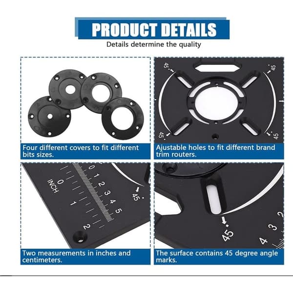 Router Table Insert Plate, Aluminum Router Table Insert Plate with 4 Insert Rings and Mounting Screws for Woodworking Bench