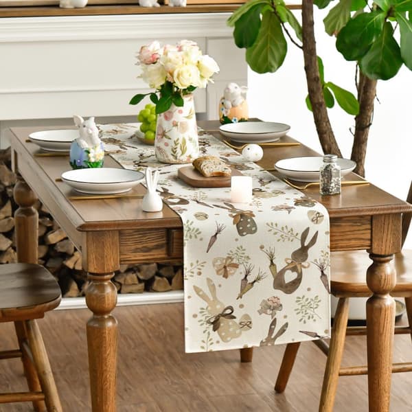 Patterned Rabbit Eucalyptus Egg Carrot Easter Table Runner, Seasonal Spring Kitchen Table Decoration for Home Party Decor 33×183cm