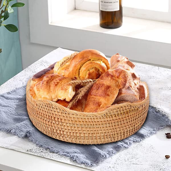 Rattan Storage Basket Woven Fruit Basket Round 28cm Bread Serving Basket Snacks Egg Storage Baskets Dining Table, Desk Countertop