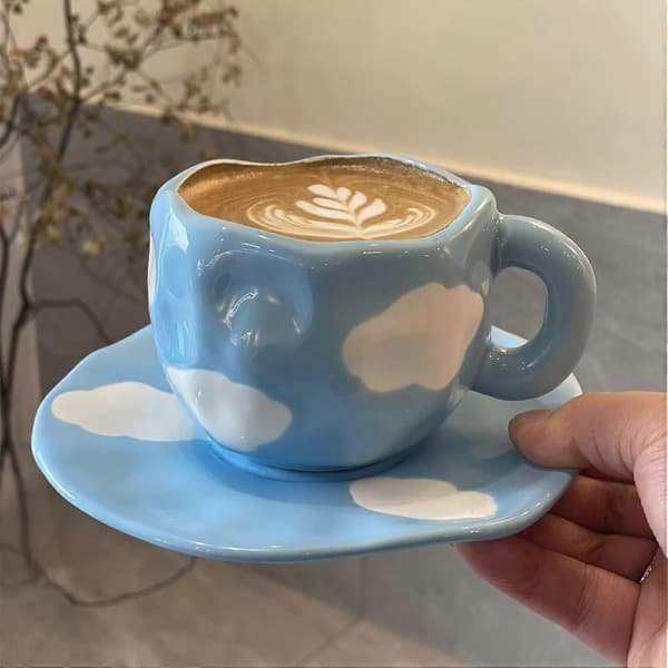 Søde Kaffekrus Tekopper og Underkop Sæt, Sky Kaffekrus Cappuccino Latte Te Mælk Kopper (Blå, Sky)