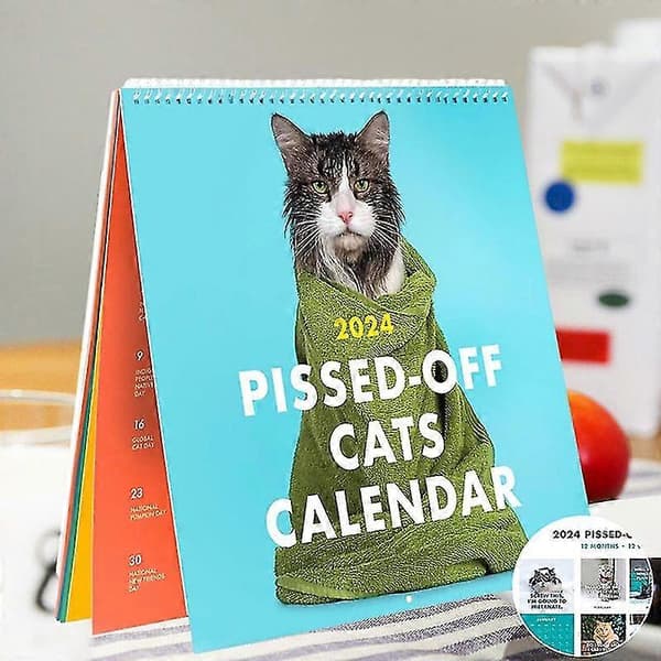 2024 Sur Kat Kalender - Rolig Vægkunst Kalender - Irriterede Katte