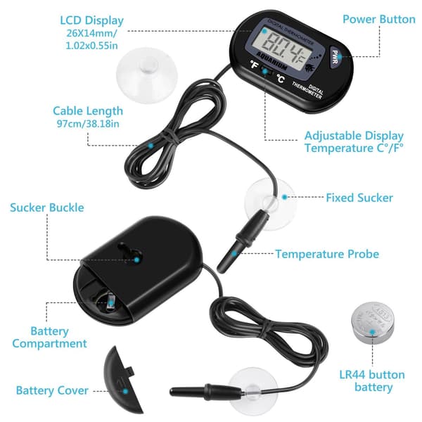 2-pack Digital Aquarium Thermometer LCD Fish Tank Water Terrarium Temperature with Suction Cup for Turtle