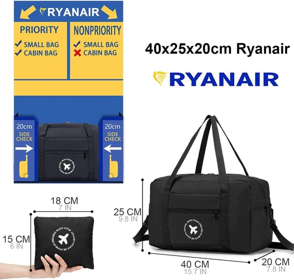 Cabin Bag 40x20x25 Suitcase 2-pack Foldable Underseat Waterproof Weekend Bag Lightweight Hand Luggage with Shoulder Strap, Black