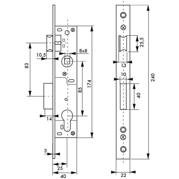 Mortise lock with cylinder for metal joinery, 25 mm backset, square ends, galvanized
