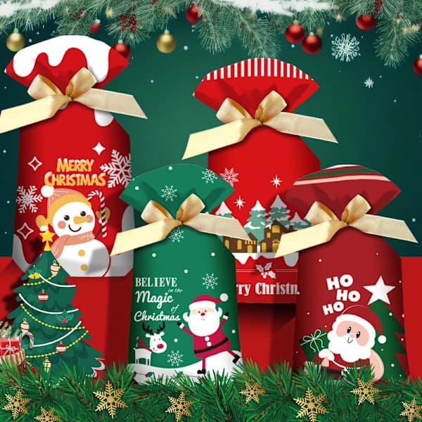 Christmas Gift Bag with Drawstring - Cartoon Candy Bag: Old Man and Reindeer