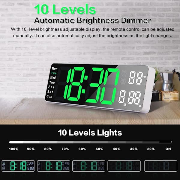 Digitaalinen LED-seinäkello - 13 tuumaa - Suuri näyttö kaukosäätimellä - Musta