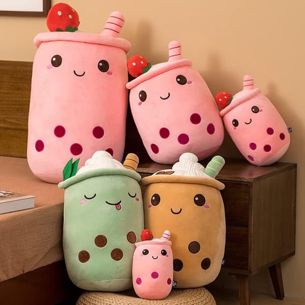 Bubble Tea Plush Pillow, Cute Milk Tea Cup Plush Bubble Tea Soft Toy with Strawberries, Bubble Tea Cup Plush Toy Stuffed Throw Pillow (Brown) brown