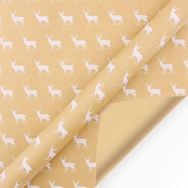 1 Rulle Julpapperspaket, 43cm x 15M Stor Rulle Presentpapper Återvinningsbart Kraftpapper Tryckt med Älg för Presentinslagning