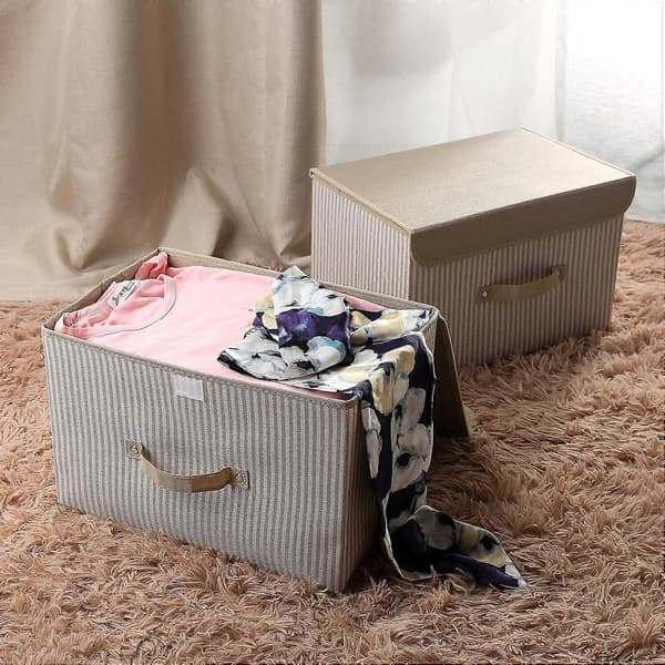 Large Foldable Storage Boxes with Lids, Linen Fabric Storage Bins for Clothes, 3-Pack Toy Box for Towels, Books, Yellow Stripes