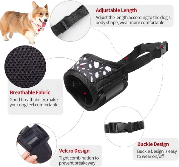 (M, Black) Dog Muzzle with Printed Pattern, Breathable Mesh for Small Dogs