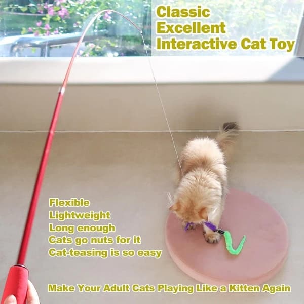 Cat Wand Plush Toy, Interactive Indoor Cat Toy, Includes an Extendable Wand and Replacement Feather Toys.