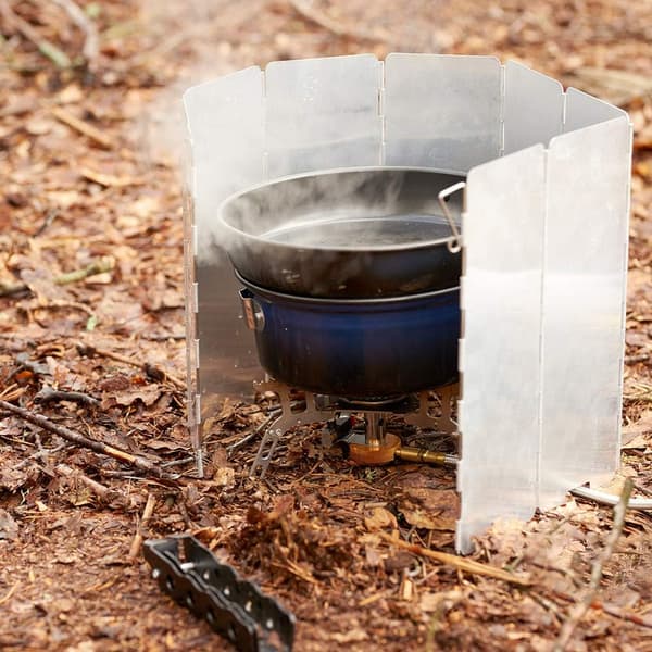 Aluminium komfurskærm med snørepose, til camping, butanbrænder